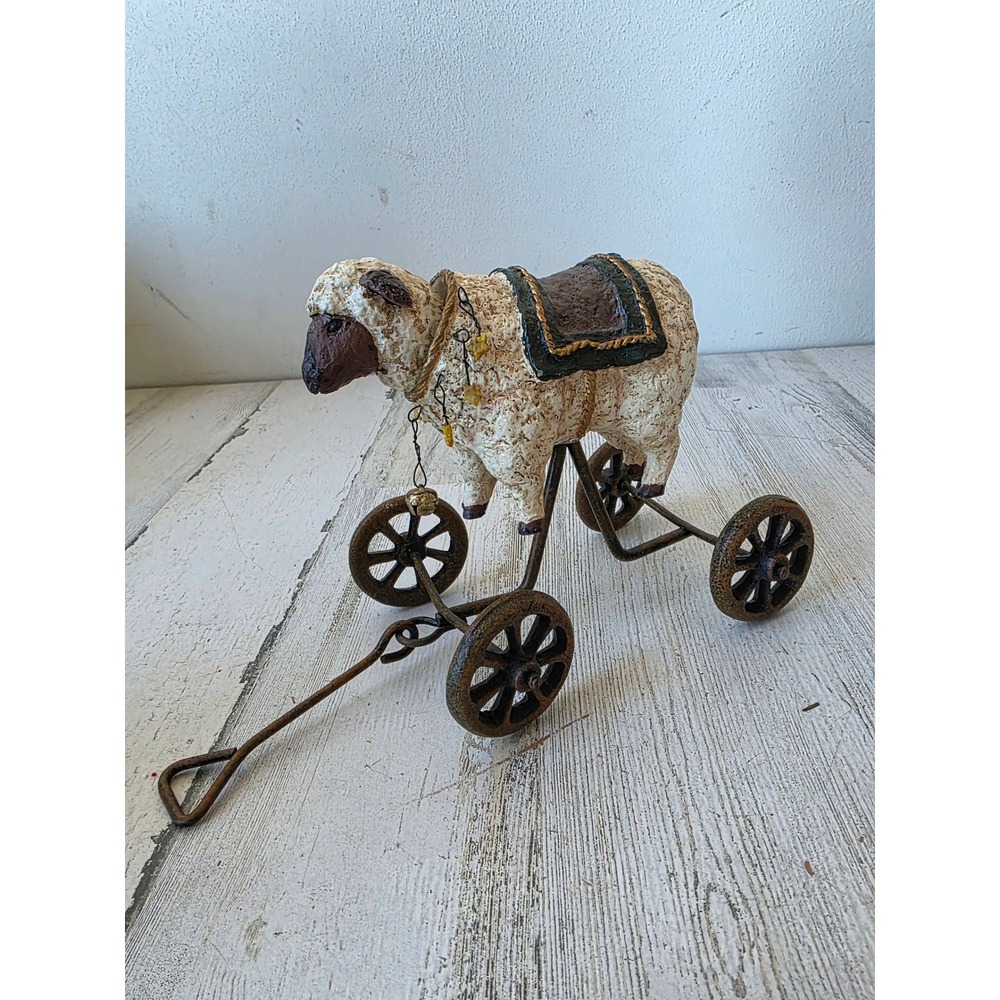 Vtg style lamb pull toy bobble sheep country folk art shabby chic decor figurine